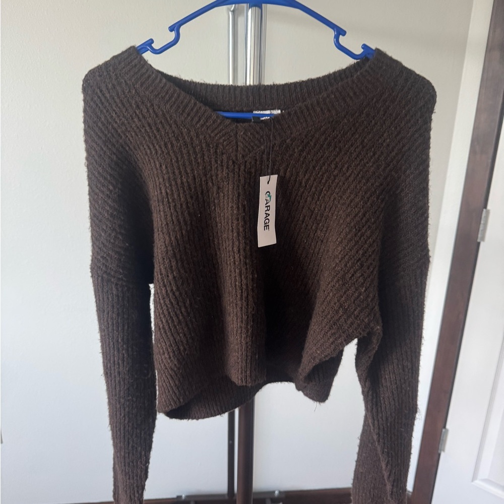 Garage Women's Cropped Chocolate V-Neck Sweater